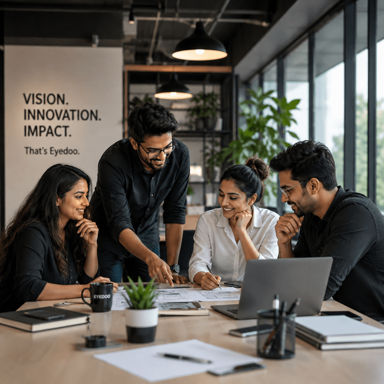 Eyedoo team collaborating and optical showroom